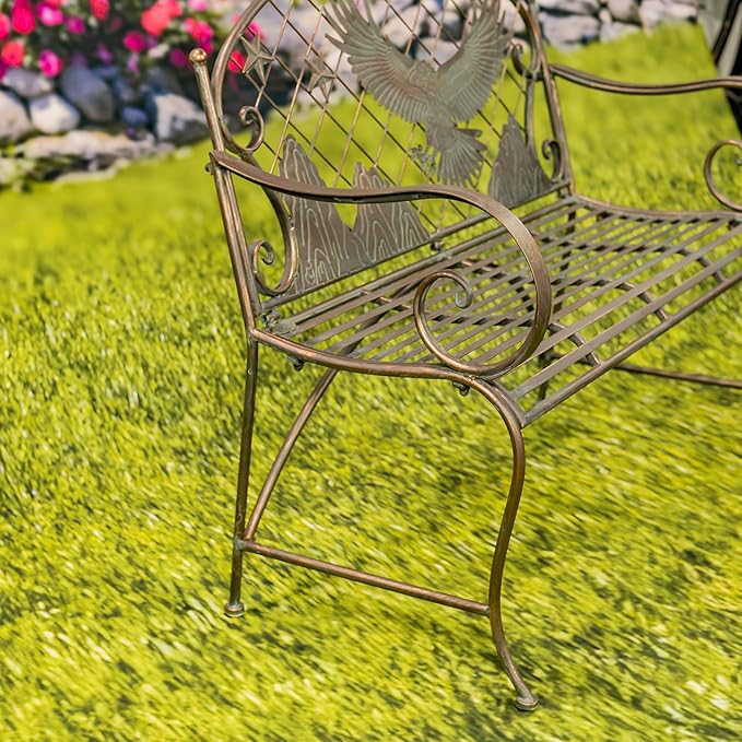 Classic Iron Garden Bench with Nature Scenery (Flying Eagle Backrest in Bronze)