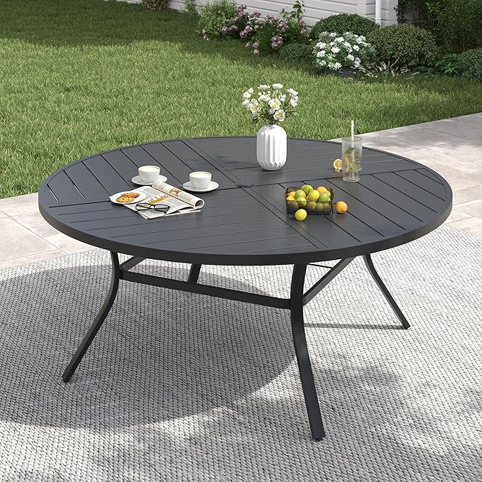 VICLLAX 53" Round Patio Table with Umbrella Hole, All Weather Metal Outdoor Dining Table for 6-8, Outside Table for Lawn Garden, Black