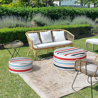 LVTXIII Outdoor Inflatable Ottoman, Fade-Resistant Round Footrest Stool D31”x H14”, Portable Patio Pouf for Garden Camping or Home Use, Stripe Red Blue