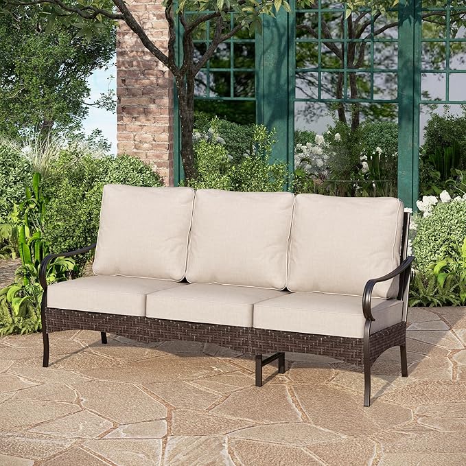 PHI VILLA Wicker & Metal Outdoor Patio Couch, 3-Seat Patio Sofa with Deep Seating for Front Porch, Deck, Balcony - Photo 1