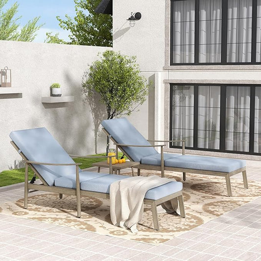 Outdoor Lounge Chair with Armrest, Patio Aluminum Chaise Lounge Set of 3, Adjustable Backrest with Rope Design, Patio Recliner Chairs Cushions for Lawn Pool Beach (Brown)
