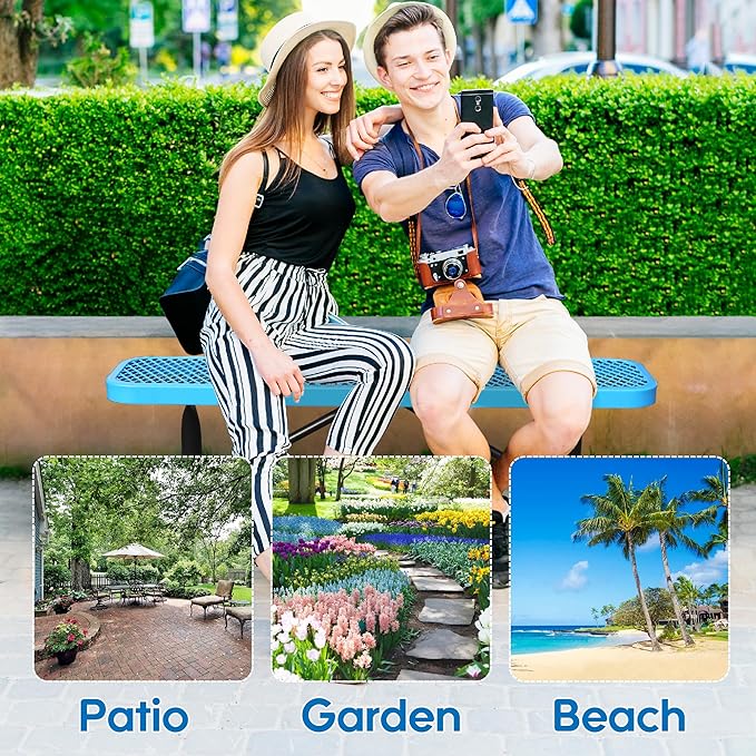 4FT Metal Park Bench for Outside, All-Weather Thermoplastic Coating Outdoor Bench with Anchor, Commercial Heavy Duty Benches for Shopping Malls, Stores, Parks, Patios, Decks, Blue