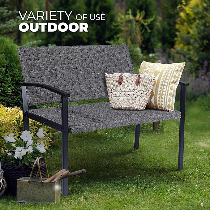 Chelsea Olive Patio Loveseat All-Weather Rope Outdoor Bench with Metal Armrest, Patio Outdoor Furniture Ideal Garden Bench for Balcony, Lawn, Backyard and Deck (Grey)