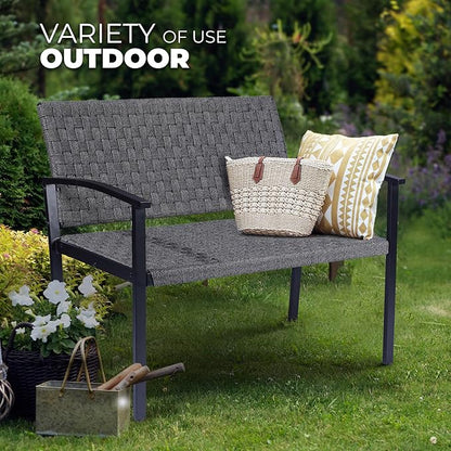 Chelsea Olive Patio Loveseat All-Weather Rope Outdoor Bench with Metal Armrest, Patio Outdoor Furniture Ideal Garden Bench for Balcony, Lawn, Backyard and Deck (Grey)