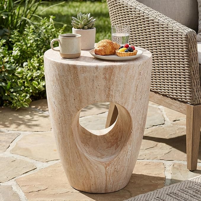 Merax 19.29" H Modern Round MgO Side Table with Cutout Accent, Faux Marble Outdoor Garden Stool & Indoor End Table - Photo 1