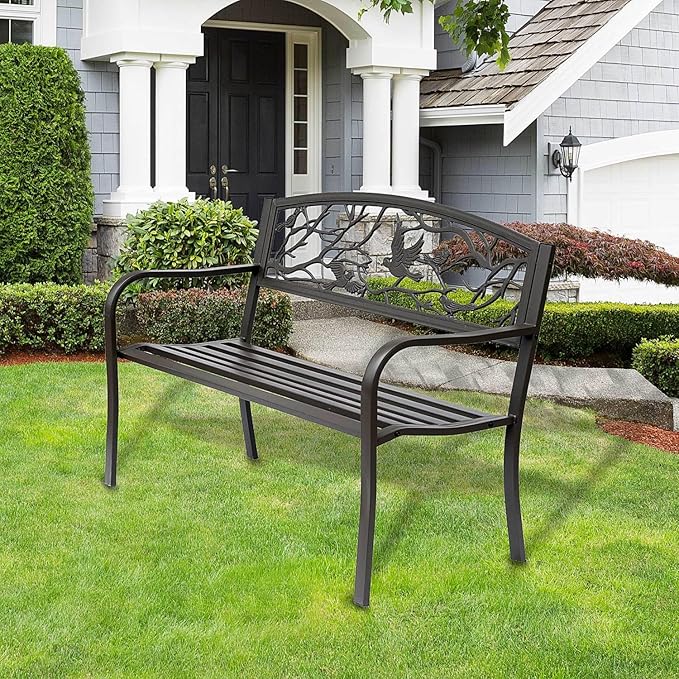 50" Cast Steel Metal Garden Bench, Floral Pattern for Yard, Lawn, Porch Porch, Brown