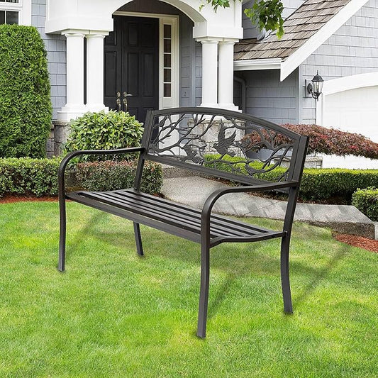 50" Cast Steel Metal Garden Bench, Floral Pattern for Yard, Lawn, Porch Porch, Brown