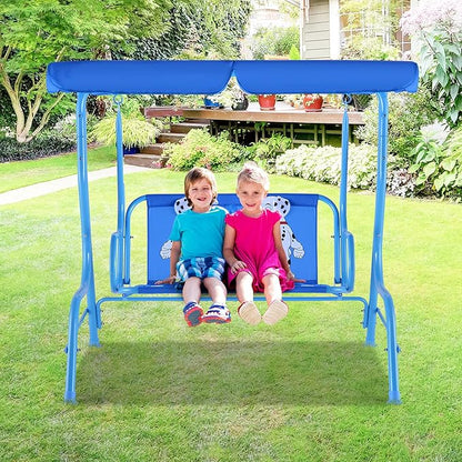 KOTEK Kids Patio Swing, 2-Seater Outdoor Hanging Bench with Adjustable Canopy, Safety Belt & Curved Armrest, Kids Swing Chair with Stand for Backyard, Garden, Lawn, Porch (Blue Puppy)