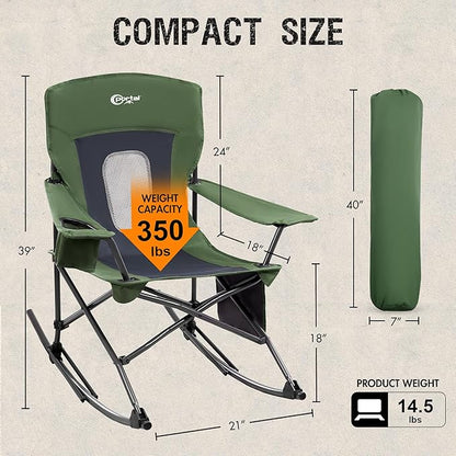 Portal Outdoor Rocking Chair Camping Folding Portable Rocker with Cup Holder Side Pocket Carry Bag, Support 350LBS (Mesh Green)