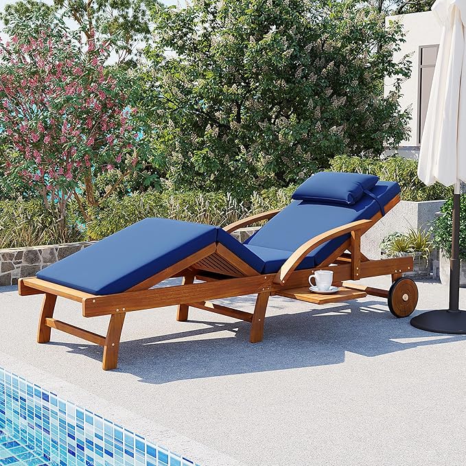 Acacia Wood Outdoor Patio Chaise Lounge, All Weather Reclining Lounge Chairs with Adjustable Backrest& Leg Rest, 2 Wheels, Headrest, Retractable Side Tray for Poolside Garden Beach (Navy-3.17)