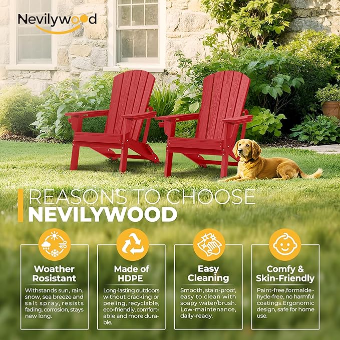 nevilywood Folding Adirondack Chair with Cup Holder Set of 2,HDPE All-Weather Patio Chairs,Plastic Outdoor Chairs- Looks Exactly Like Real Wood- Red
