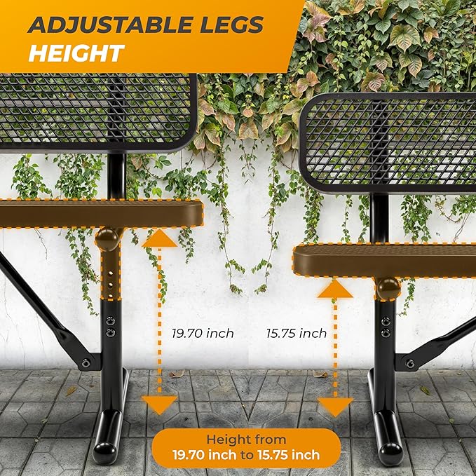 Heavy-Duty Outdoor Metal Bench, Thermoplastic-Coated, Portable, Weatherproof, Commercial-Grade for Parks, Gardens, Patios, Stores & More (4 Ft - Portable with Back, Black)
