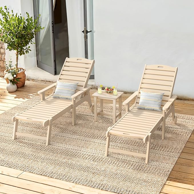 LUE BONA Outdoor Lounge Chair Set with Table, 3-Piece, HDPS Chaise Lounge Outdoor with Wheels, 5 Positions Adjustable Pool Lounger Chairs for Outside, Patio, Sand