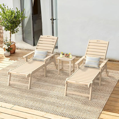 LUE BONA Outdoor Lounge Chair Set with Table, 3-Piece, HDPS Chaise Lounge Outdoor with Wheels, 5 Positions Adjustable Pool Lounger Chairs for Outside, Patio, Sand
