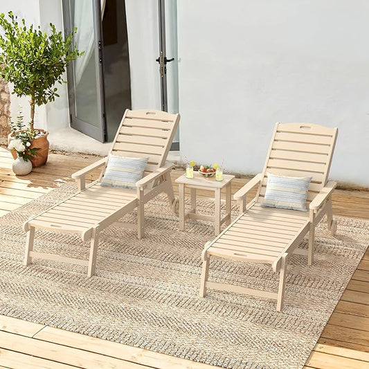 LUE BONA Outdoor Lounge Chair Set with Table, 3-Piece, HDPS Chaise Lounge Outdoor with Wheels, 5 Positions Adjustable Pool Lounger Chairs for Outside, Patio, Sand