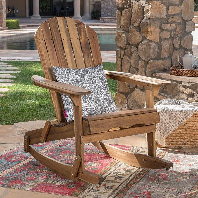 Christopher Knight Home Vayne Acacia Wood Lounge Chair Outdoor, Slatted Adirondack Rocking Chair, Patio Adirondack Chair, Extra Seating for Balcony Backyard Poolside Garden, Weather Resistant, Natural