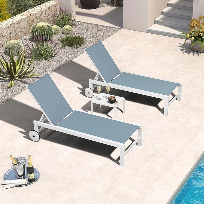 PURPLE LEAF Outdoor Chaise Lounge Chairs Set of 2 White Aluminum Lounge Chair Five-Position Adjustable Chaise with Wheels and Table for Pool Deck Patio, Steel Blue