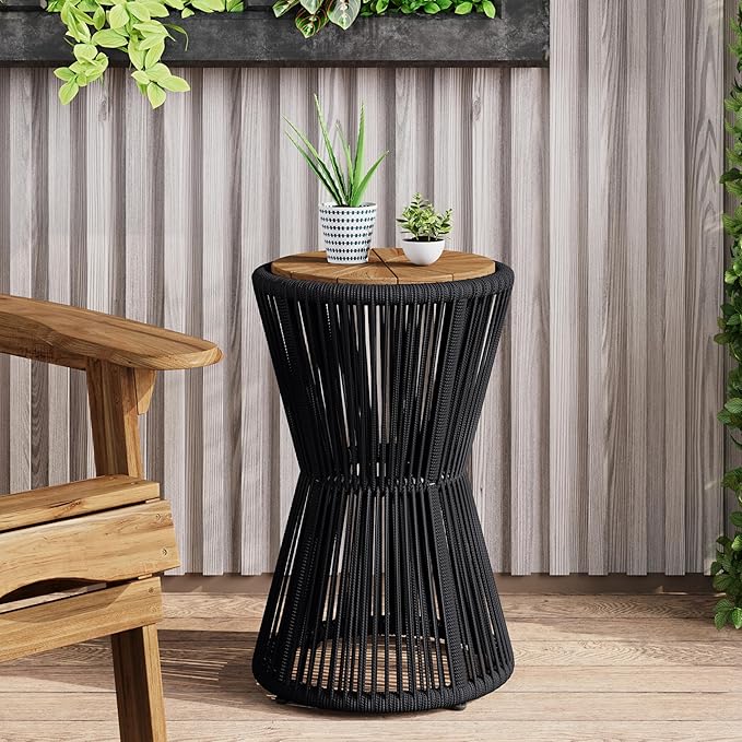 Christopher Knight Home Nara 25.8" Acacia Wood Outdoor Side Table, Hourglass Shaped with Metal Frame+Woven Rope, Outdoor Coffee Table, Garden Plant Stand Indoor, No Assembly Needed, Black+Teak