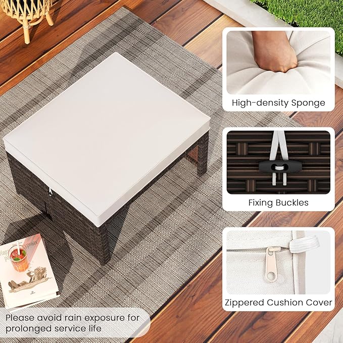 RELAX4LIFE Wicker Outdoor Ottoman Set of 2 - Rattan Footstools Foot Rest w/Removable Cushions, Multipurpose Side Table & Additional Seating, Outdoor Ottomans for Patio Garden Porch (Brown-White)