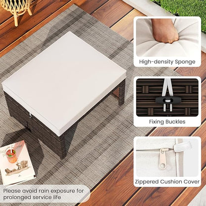 RELAX4LIFE Wicker Outdoor Ottoman Set of 2 - Rattan Footstools Foot Rest w/Removable Cushions, Multipurpose Side Table & Additional Seating, Outdoor Ottomans for Patio Garden Porch (Brown-White)