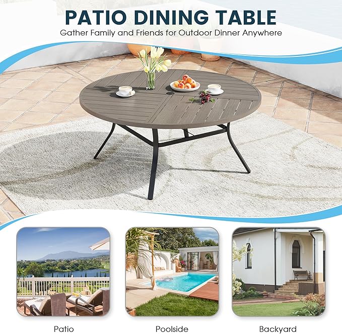Patio Dining Table for 8-10, Round Metal Outdoor Table with Storage Shelf, 1.57" Umbrella Hole - Photo 6