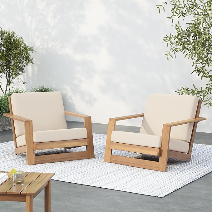 Christopher Knight Home Galio Set of 2 Acacia Wood Lounge Chair Outdoor, Wooden Patio Armchair for Lounging - Photo 1