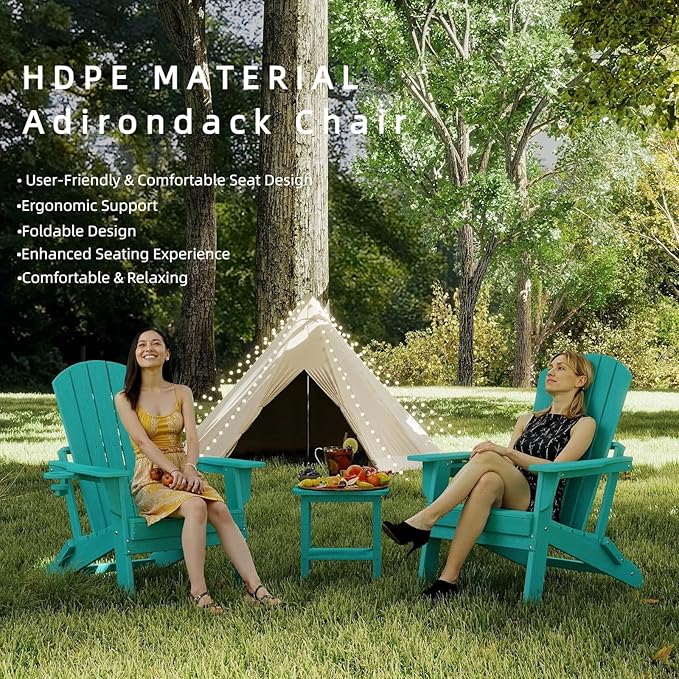 Folding Adirondack Chair，Wooden Textured Fire Pit Chair with Cup Holder, Heavy All-Weather HDPE Plastic Outdoor Patio Chairs for Poolside Backyard Patio Outdoor Garden