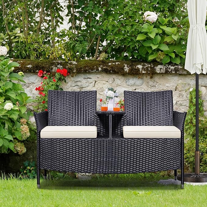 Yaheetech Patio Loveseat, Outdoor Wicker Double Chair w/Side Table, PE Rattan Furniture Set for Two People, Love Seat w/2 Removable Cushions & 1 Tempered Glass Side Table, Black/Beige
