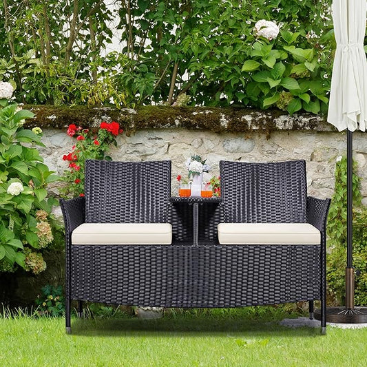 Yaheetech Patio Loveseat, Outdoor Wicker Double Chair w/Side Table, PE Rattan Furniture Set for Two People, Love Seat w/2 Removable Cushions & 1 Tempered Glass Side Table, Black/Beige