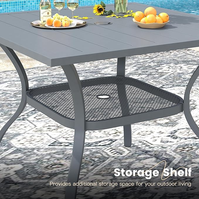 VICLLAX Outdoor Patio Dining Table for 4, Square Metal Table with Umbrella Hole and Storage Shelf for Garden, Lawn - Photo 7