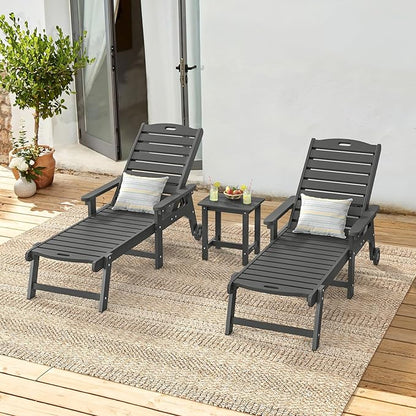 LUE BONA Outdoor Lounge Chair Set with Table, 3-Piece, HDPS Chaise Lounge Outdoor with Wheels, 5 Positions Adjustable Pool Lounger Chairs for Outside, Patio, Dark Gray