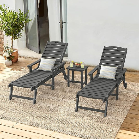 LUE BONA Outdoor Lounge Chair Set with Table, 3-Piece, HDPS Chaise Lounge Outdoor with Wheels, 5 Positions Adjustable Pool Lounger Chairs for Outside, Patio, Dark Gray