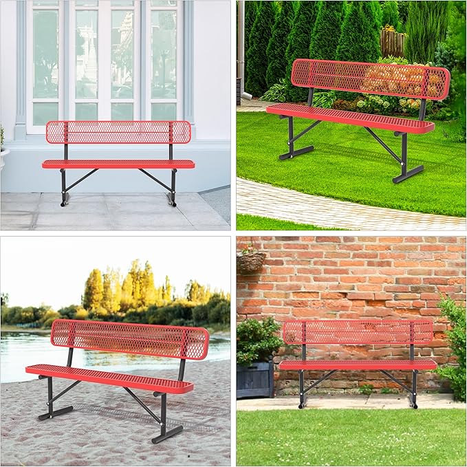 Park Benches for Outside - 72" Outdoor Metal Street Bench Heavy-Duty Steel Weatherproof Portable Garden Bench, Commercial Benches for Patio, Soccer, Park, Shopping Malls, Decks, Sports