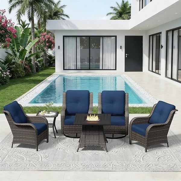 6 Pieces Outdoor Wicker Patio Furniture Set with Fire Pit Table, Patio Chair Set with Thickened Olefin Cushions - Photo 1