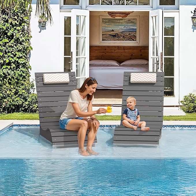 Pool Lounge Chairs Set of 4, Use in Pools Lounge Chairs up to 10-Inches of Water, Chaise Chairs with Headrest, Lounge Chair Outdoor, Fade-Resistant Pool Lounger for Deck