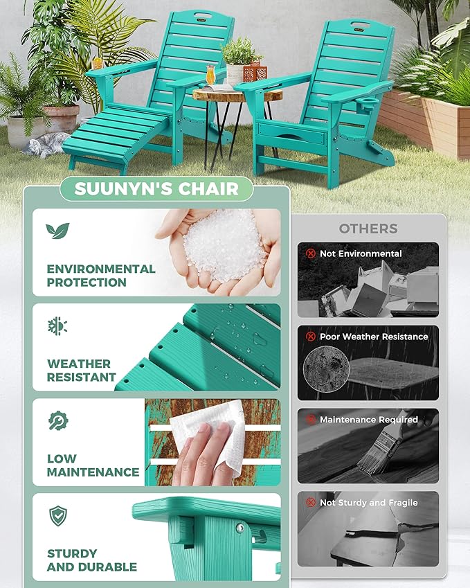 Folding Adirondack Chair with Retractable Ottoman, Weather Resistant Fire Pit Chair Patio Chair with 2 Cup Holder Lawn Outdoor Lounge Chair (Lake Blue)