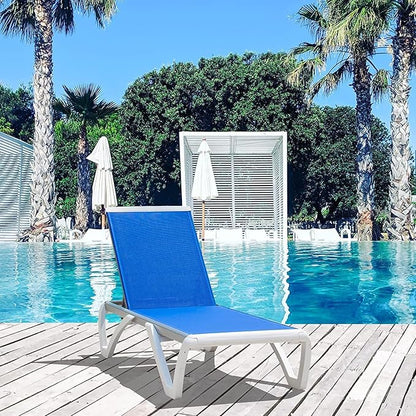 Domi Outdoor Chaise Lounge, Adjustable Aluminum Patio Lounge, Plastic Pool Lounge Chair for Deck Lawn Backyard (1 Blue Chair W/O Table)