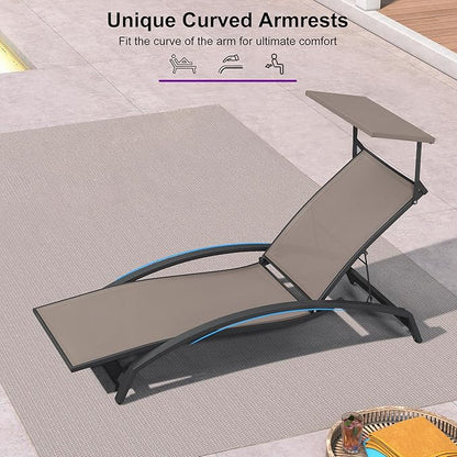 PURPLE LEAF Patio Lounge Chair with Canopy Shade Outdoor Chaise Lounge Chair Set of 2 for Lawn Poolside Backyard Sunbathing Tanning Chairs with Arm Brown
