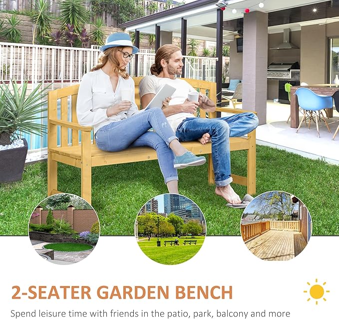 Outsunny 56" Outdoor Wood Bench, 2-Seater Garden Bench with Backrest and Armrest, Patio Bench for Patio, Porch, Poolside, Balcony, Natural
