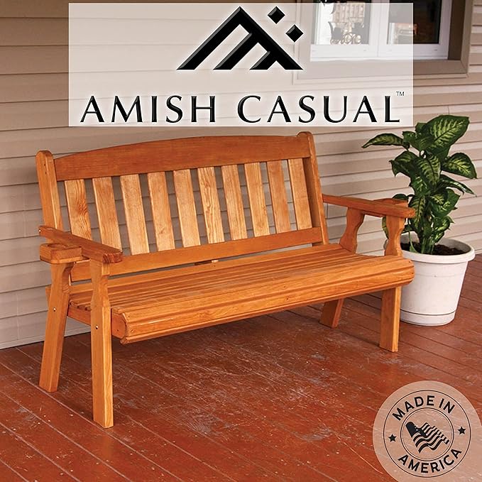 Amish Casual Heavy Duty 800 Lb Mission Pressure Treated Garden Bench with Cupholders (5 Foot, Cedar Stain)