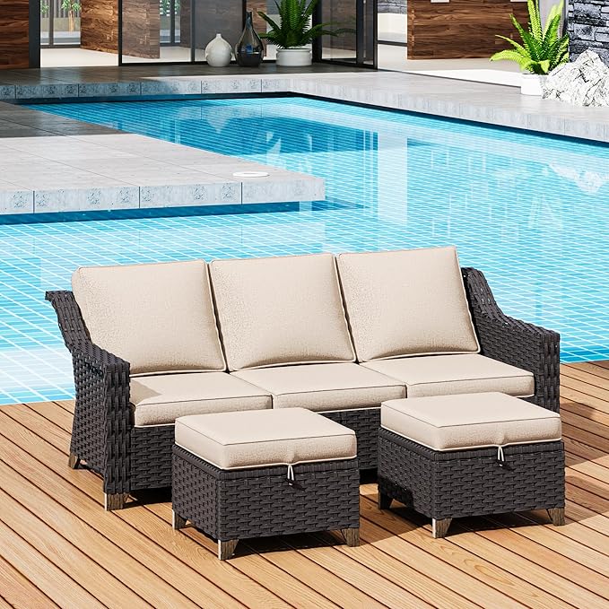 3 Pieces Outdoor Conversation Furniture Set - 77" Patio Sofa, 2 Rattan Wicker Ottomans - Photo 7