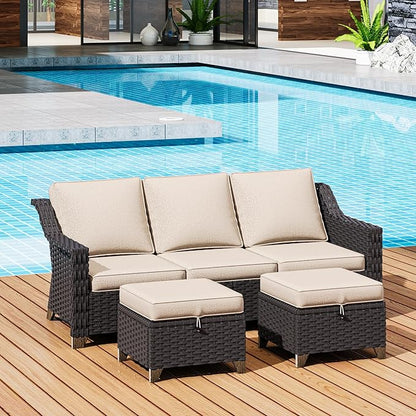 3 Pieces Outdoor Conversation Furniture Set - 77" Patio Sofa, 2 Rattan Wicker Ottomans, Patio Wicker Couch Set with Water-Resistant and Washable Cushions for Sunroom, Deck, Porch (Beige)