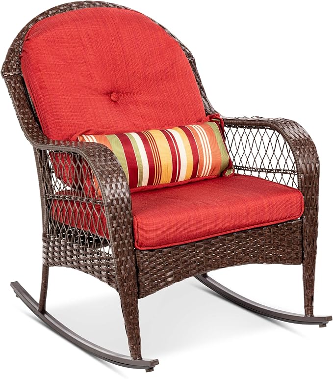 Best Choice Products Outdoor Wicker Patio Rocking Chair for Porch, Deck, Poolside w/Steel Frame, Weather-Resistant Cushions - Red