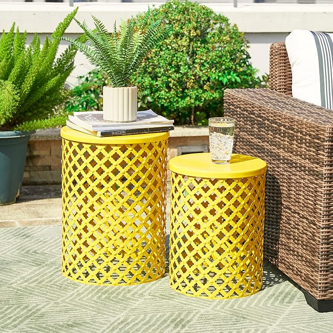 Glitzhome Outdoor Side Table Set of 2, Decorative Garden Stool for Patio Heavy Duty Metal Frame Accent Table Modern End Table, Yellow