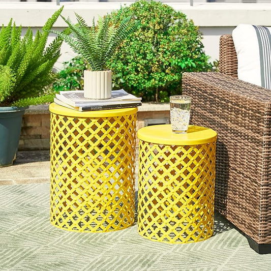Glitzhome Outdoor Side Table Set of 2, Decorative Garden Stool for Patio Heavy Duty Metal Frame Accent Table Modern End Table, Yellow