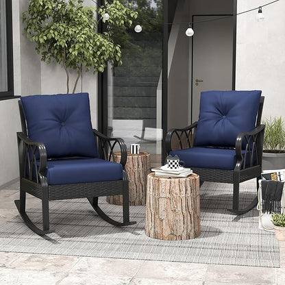 Outsunny 2 Piece Outdoor Wicker Rocking Chairs with Padded Cushions, Aluminum Furniture Rattan Porch Rocker Chairs w/Armrest for Garden, Patio, and Backyard, Blue