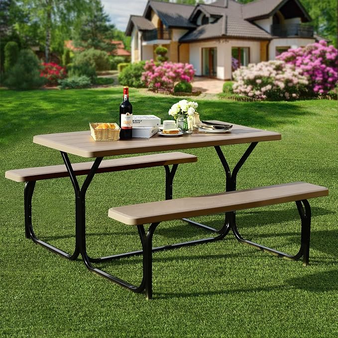 Giantex Picnic Table Bench Set Outdoor Camping All Weather Metal Base Wood-Like Texture Backyard Poolside Dining Party - Photo 2