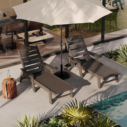 HDPE 5-Position Patio Lounge Chair for Outside, HDPE Chaise Lounge Outdoor with Cup Holder, Resin Pool Lounger Chair with Rolling Wheels
