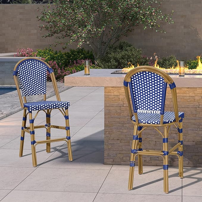 PURPLE LEAF French Counter Height Bar Stool Set of 2 25" Bamboo Print Finish Patio Bar Chairs with Back Rattan Bar - Photo 9