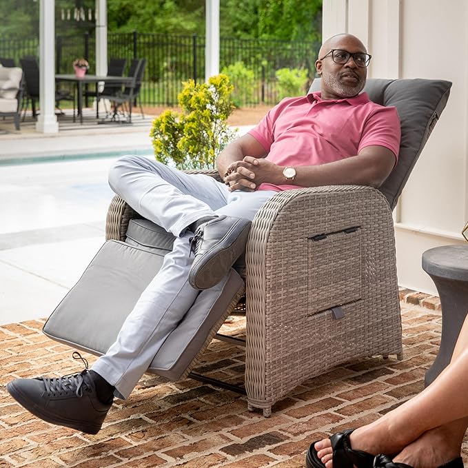 Flash Furniture Nemo Indoor/Outdoor Patio Wicker Rattan Recliner, Lounge Chair with Flip-Up Side Table, Gray